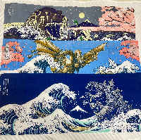 Giant Monster Godzilla Ukiyoe style original hand towel, 3 kinds, King Ghidorah, Toho, length 35cm, width 89cm, Fugaku Sanjurokkei (Thirty-six views of Mt. Fuji), Katsushika Hokusai