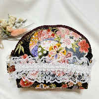 Japanese Pattern Pouch Kimono-like Pouch Handmade Black Lace Zipper Pouch